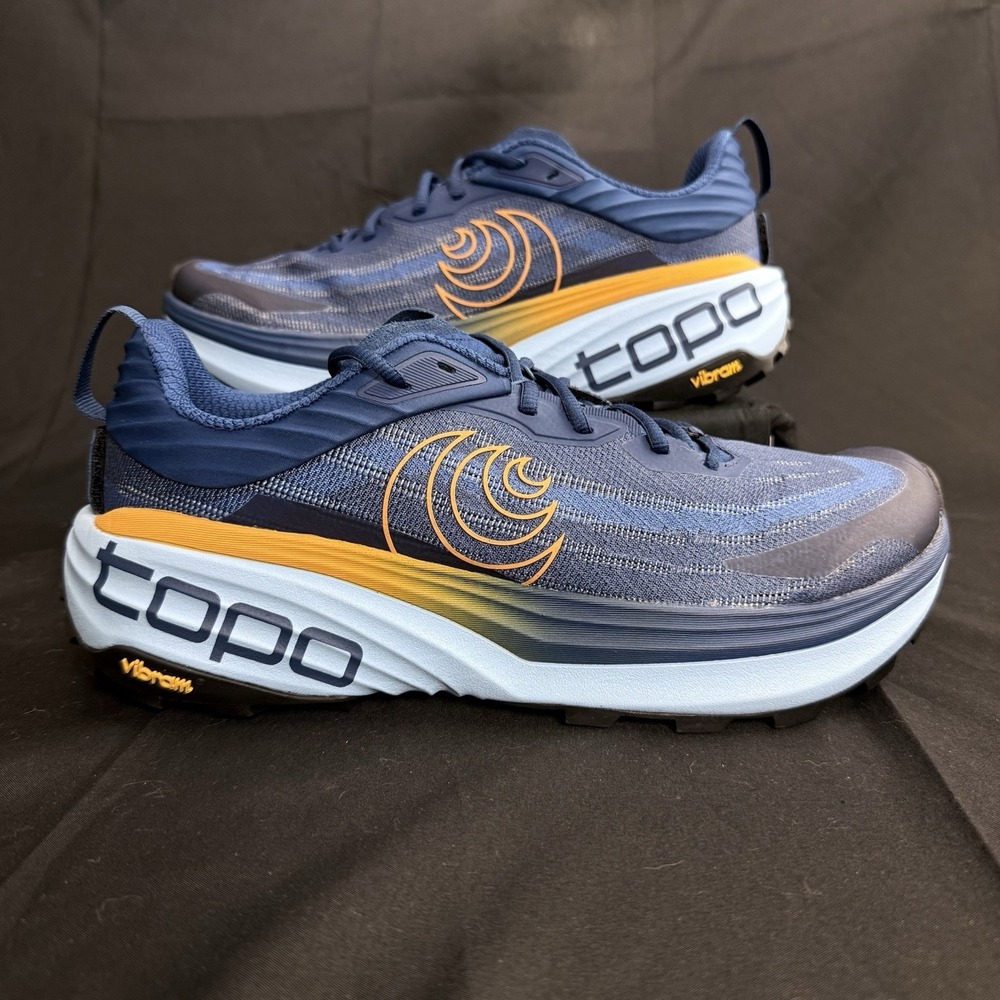 Topo Vista Mens Size 9 Navy Orange Trail Running Hiking Shoes 5mm Drop Vibram
